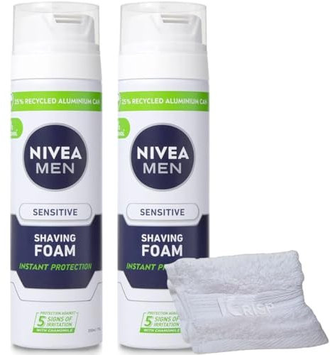 2 x 200ml Shaving Foam Mousse for Men Sensitive Skin Face Body Soft Clean With Soft Aftershave KRISP Towel