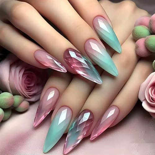 Ceboic 24 Stück French Press on Nails Lang, Full Cover Nägel zum Aufkleben Farbverlauf Rosa Grün Acryl Künstliche Fingernägel, Acryl Vollabdeckung Kunstnägel Fake Nails für Frauen und Mädchen