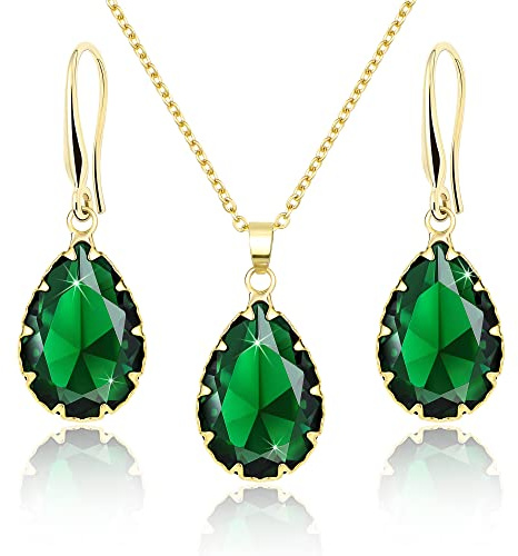Linawe Set di gioielli verde smeraldo per donna, collana a catena con ciondolo in oro smeraldo, orecchini pendenti da donna, gioielli di moda, gioielli in oro