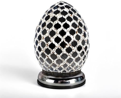 Home Harbour Mosaic Star Pearl Egg Lamp with Chrome Base 21cm Mirror Tile Effect Bedroom Light, Bulb Included, 230V 4W, Decorative Table Lamp for Home Bedroom Office Decor Warm Light
