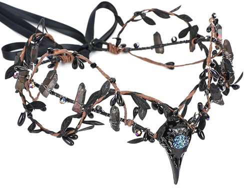 MOSTORY Schwarze Elfenhexenkrone - Gothic Kristall-Cirlet mit Roh-Quarz-Stirnband, dunkle Rabenkopfbedeckung für Frauen, Hexen-Cosplay, Renaissance-Markt, Gothic-Hochzeit, Halloween