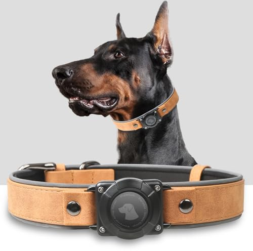 AirTag Hundehalsband, Leder, mit Airtag-Halterung, IPX8, wasserdicht, reflektierend, hochwertig, verstellbar, weich gepolstert, GPS-Tracker-Halsbänder, passend für mittelgroße und große Hunde
