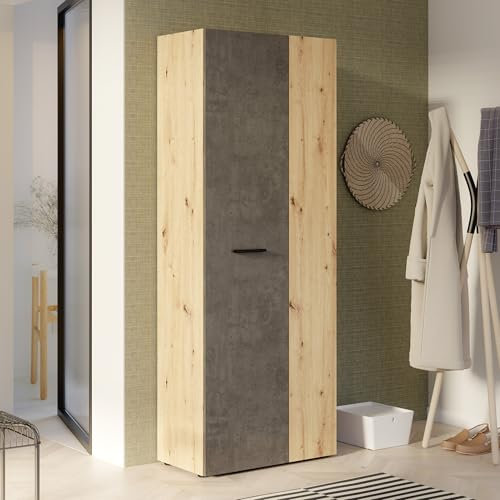 FORTE NET106 Schrank 70 180, Mehrzweckschrank, Staubsaugerschrank, Abstellraum, Drehtürenschrank, 2-türig mit Einlegeböden, Beton-/Holzdekor Artisaneiche, 68,7 cm breit x 181,1 cm hoch x 36,5 cm tief