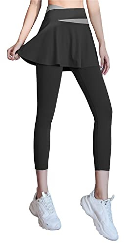 Leggings con falda plisada para mujer, leggings capris atléticos, entrenamiento, correr, yoga, pantalones altos de talla grande para yoga, Negro, S