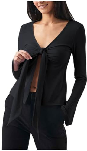 Tshirt Damen Leicht Und Luftig, Günstig Sexy T-Shirt Mit Langen Ärmeln Und Schleife Zum Binden Slim Fit, Sonderangebot Bluse Weich Bequem, Shirt Top Casual Fashion, Oberteile Elegant Schick