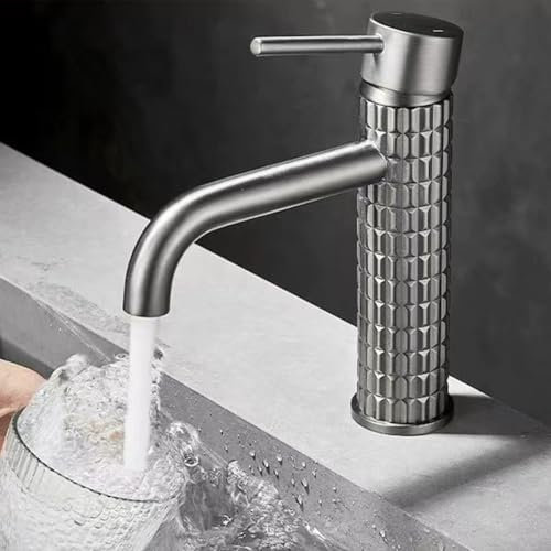 Künstlerisch geschnitzter Badezimmer-Wasserhahn, Aufsatz-Spültisch-Mischbatterie, Warm- und Kaltwasser-Kontrolle, Edelstahl, Kupfer, 19 cm Höhe (grau)
