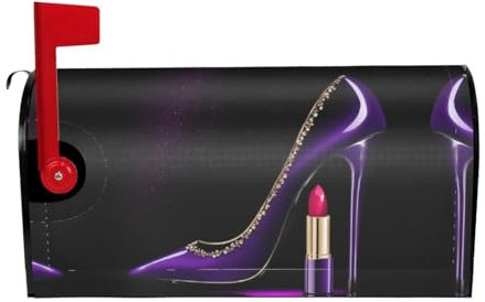Elegant Purple High Heels with Lipstick Print Mailbox Cover Durable Oxford Cloth for American Standard & Large Size Mailboxes