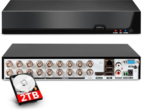 16 Channel CCTV Camera Systems with 2 TB HDD, 16 Ch 5MP H.265+ Surveillance DVR Recorder for Analog XVI AHD TVI CVBS CVI IP Cameras, DVR for Security Home Surveillance System, Mobile APP PC Remote
