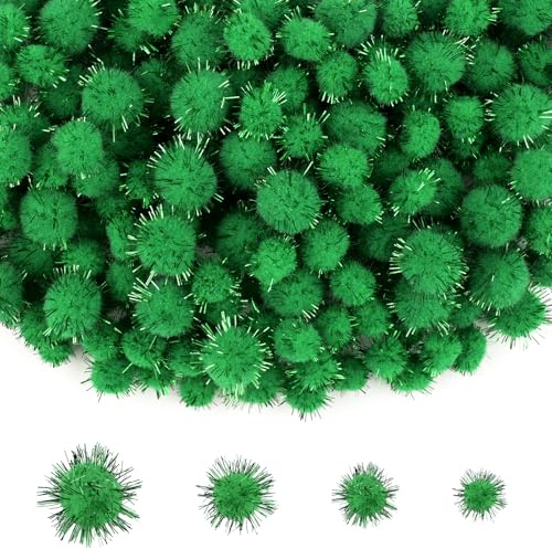 NACHLYNN 1000 pompones de purpurina a granel, 4 tamaños surtidos, multicolor, suaves y esponjosos, para manualidades, decoraciones y actividades con una bolsa de almacenamiento (verde)
