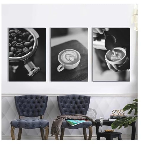 KEMEIQI Küchenposter, Schwarz-Weiß, Kaffee, Essen, Getränk, Leinwanddruck, Wandkunst, Gemälde, modernes Bild, Esszimmer, Restaurant, Dekor, 70 x 100 cm x 3 cm, rahmenlos