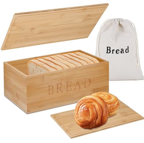 Jasvelly Brotkasten Holz mit Schneidebrett Deckel & Leinenbeutel – Bambus Brotdose für frische Brotaufbewahrung – Brotbox Holz mit geschlossenem Design – 33 x 19 x 13.5 cm – Stilvoll & praktisch
