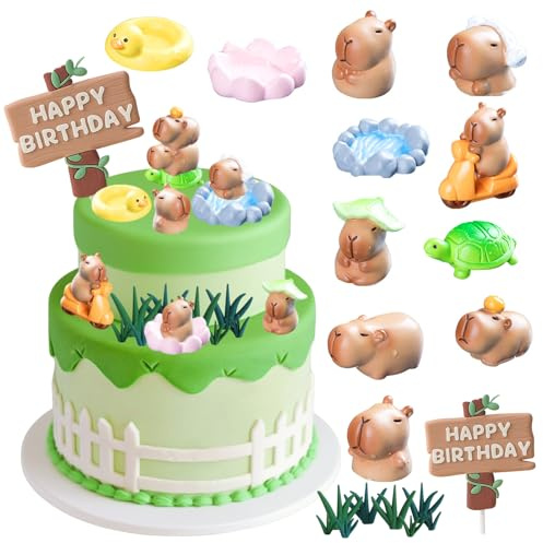 Saituo Home 20 Stück Happy Birthday Tortendeko, Capybara Torten Deko | Tiere Cake Topper Geburtstag, Kindergeburtstag Kuchendeko Capybara Geburtstag Deko Sommerparty, Miniatur Gartenzubehör
