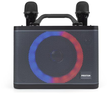 PRIXTON Karaoke Portátil PartyGO con 2 Micrófonos, Altavoz de Gran Potencia para Fiestas con Bluetooth/USB/AUX/SD, Luz LED Multicolor RGB, Autonomía 4h, Negro (Reacondicionado)