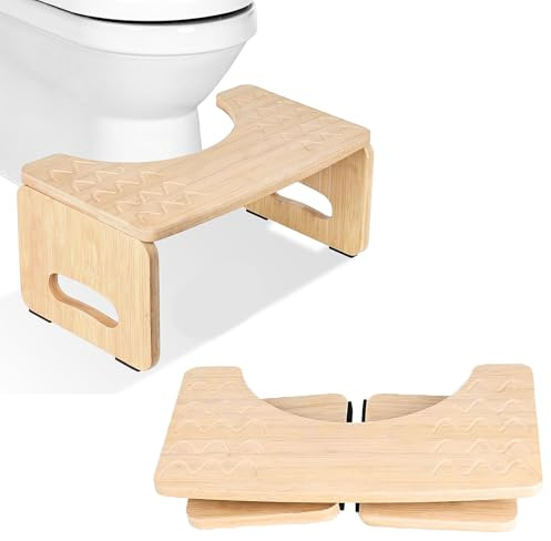 Sgabello da Toilette in Bambù, 40x21x18cm Sgabello Da Toilette in legno, Portata 100 kg, Sgabello da Toilette Pieghevole, Pedana WC a Forma di C con Cuscinetti Antiscivolo, Per Regolare la Postura