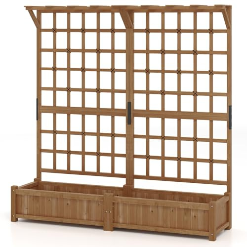TANGZON Wooden Planter with Trellis, Freestanding Raised Garden Bed for Vine Climbing Plant Flower, Outdoor Elevated Trough Planter Support Box (with Hanging Roof,Brown, 180 x 48 x 183cm)