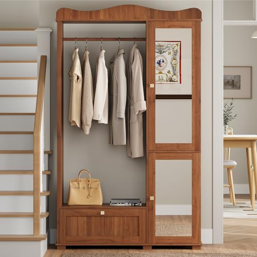 Fppuueg Conjunto de Armario/Perchero Recibidores de Entrada con Espejo, Juego de Mueble Recibidor con Barras para Colgar Ropa y Cajones, Armario Entrada, 115.5x38.5x194.5 cm, Color Nogal