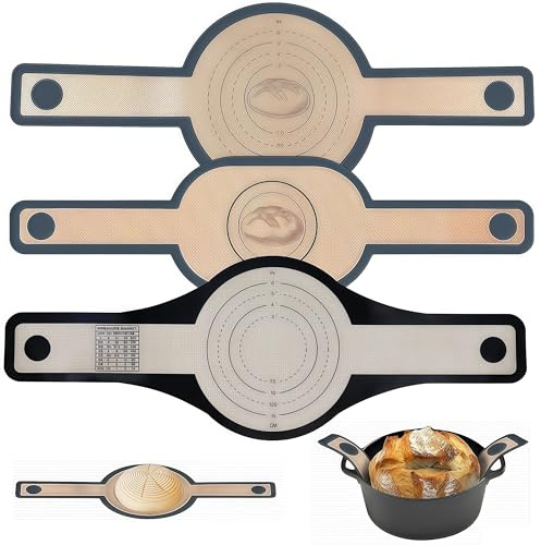 Pack of 3 Silicone Baking Mat for Dutch Oven, Reusable Bread Baking Mat with Extra Long Handles, Easy to Clean, Long Handles Dough Mat, Non-Stick Silicone Baking Mat Bread for Dutch Oven