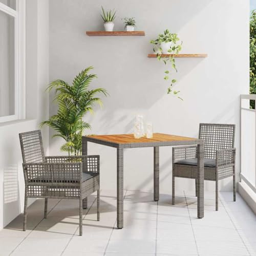 sephironlbb Garten Essgruppe 3-teilig Grau Poly-Rattan mit Kissen, wetterfestes Outdoor Sitzgruppe für Balkon Terrasse, inklusive Tisch 90x90 cm und 2 Stühle mit Polster, modernes Rattan Garnitur Set