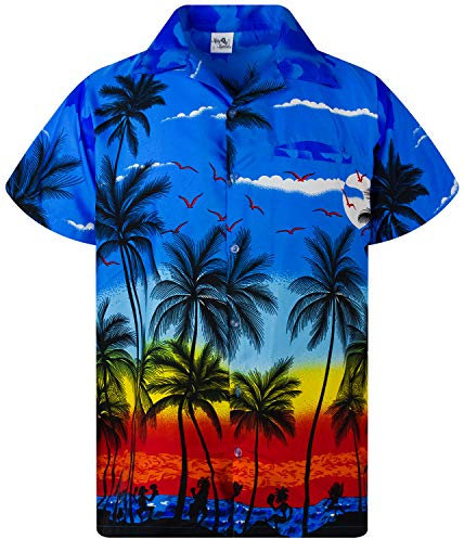 King Kameha Men's Beach-Shirt Short-Sleeve Casual-Button-Down Hawaii-Vacation, Beach, Blue, L