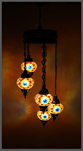 Samarkand - Lights Handgefertigte Orientalische Mosaiklampe Hänge Lampe Innenleuchte Pendelleuchte Deckenleuchte Handarbeit Hängeleuchte Hängelampe Größe 2 / M/Orange - Blau Stern