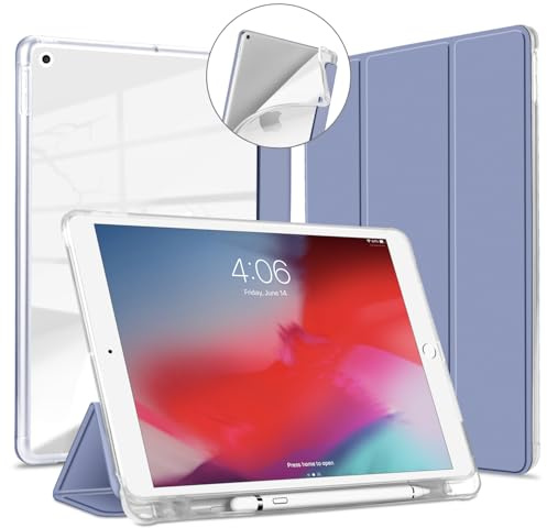 VAGHVEO Custodia Per iPad 10.2” 9a Generazione /8a 2020 /7a 2019 Cover con Pencil Holder [Auto Svegliati/Sonno], Sottile e Leggera Protettiva Smart Case Morbido TPU Copertura Traslucida, Grigio Viola