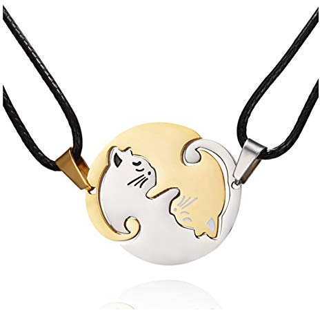 MeiPing Personalized Gravur- Edelstahl Ying Yang Kette Freundschaftskette Pärchen Kette Taichi Fengshui Schwarz Rosegold Katzen Puzzle Anhänger Halskette Personalisierte Geschenke