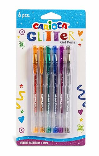 Carioca Boligrafos Glitter | Blister de 6 boligrafos con efecto glitter | Punta Ø1mm | Para decorar con efecto glitter | 6 uds