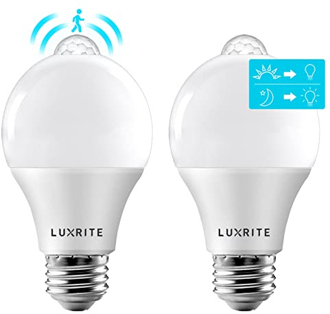LUXRITE A19 LED Motion Sensor Light Bulbs, 60W Equivalent, Motion Activated Dusk to Dawn Sensor, 5000K Bright White, 800 Lumens, Security Light Bulb, Indoor/Outdoor, UL Listed, E26 Base (2 Pack)