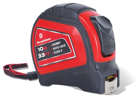 PhreshHome 10 Metre Tape Measure – Retractable Measuring Tape – 10m/33ft Imperial & Metric Measurements with 25mm Blade – Impact Resistant with Rubber Outer Cover – Suitable for Professional Use