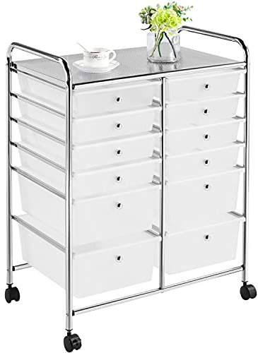 Yaheetech Carro Auxiliar con Ruedas Carrito de almacenamiento Cocina Blanco | con 12 Cajones Carrito Organizador para Baño Salon Dormitorio Cocina