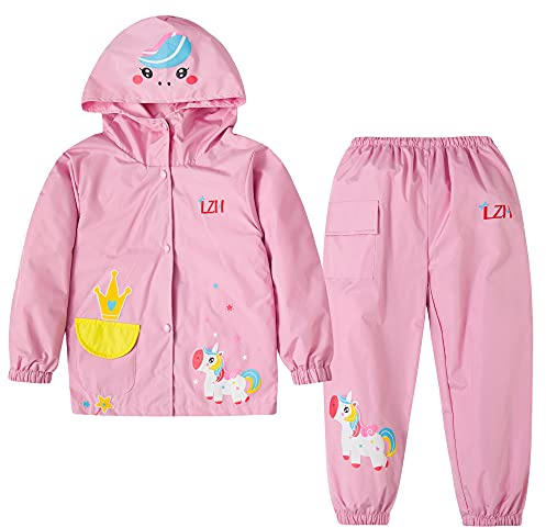 LZH Boys Raincoat Bambini Girls impermeabile con cappuccio, pantaloni giacca vestito leggero 2 pezzi set, dimensioni unisex 100/2-3 anni, Rosa-A