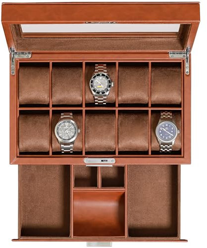ROTHWELL Leder-Uhrenbox mit 10 Fächern, Luxus-Uhrenetui, Display-Organizer, abschließbarer Schmuck-Uhrenhalter mit Glasdeckel (Hellbraun/Braun)