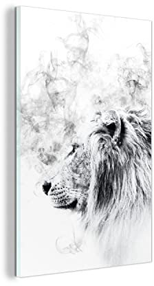 MuchoWow Glasbild Glasfoto Wandbild Bilder Deko 100x150 cm Löwe - Rauch - Schwarz - Weiß