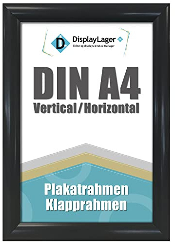 DisplayLager, Dänische Qualität - Klapprahmen mit 25mm Aluminium Profil, Entspiegelter Schutzscheibe, Befestigungsmaterial (Schwarz, A4)