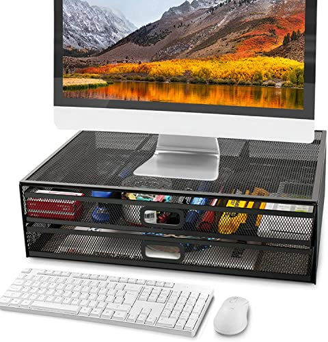Ameco Monitor Stand Desk Organizer mit zwei Schubladen Elegante Loft-Stil Ordnung halten Büro Home Metallgitter Schwarz Abmessungen 400x300x120 m