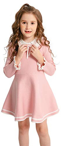SMILING PINKER Vestido de manga larga vestido de punto con volantes Bowknot vestido de suéter, Rosa., 5-6 Años