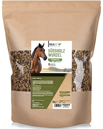 ReaVET Racine de réglisse pour Chevaux 1kg - Herbes de Racine de réglisse coupées I Naturel de qualité supérieure, Aliment Unique adapté à l'espèce pour Chevaux, Herbes sans additifs