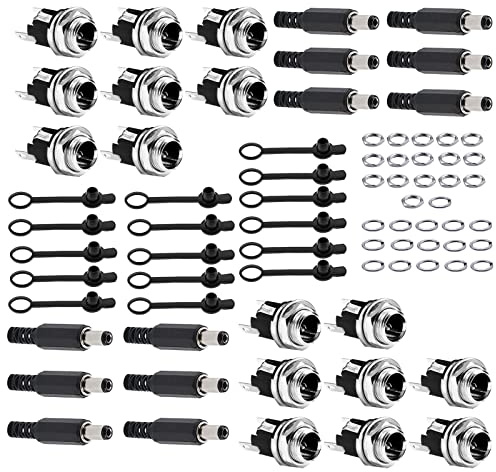 HUAZIZ 76 Stücke DC Stecker Buchse Set 5.5 X 2.1 mm 5.5 x 2.5 mm, DC-Hohlstecker mit Lötanschluss + DC-Buchse, mit Gummi Schutzklappen, für Audio/Video/Handy