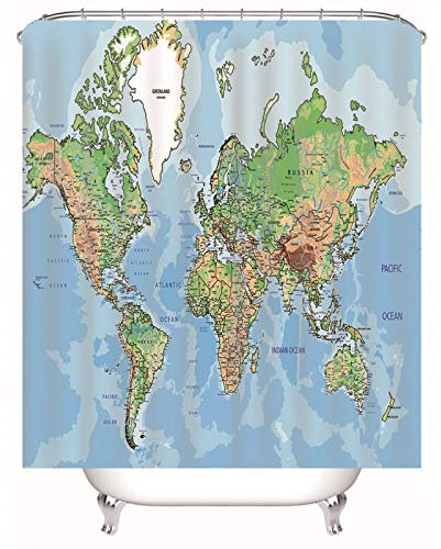 EHOMERY Duschvorhangbeschwerer Rostfrei Duschrollo Für Badewanne Ohne Bohren Geografische Weltkarte Polyester Rostfreie Ösen Und 12 Hakenringe, 180X180Cm