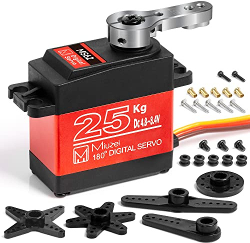 Miuzei 25kg RC Servo 180° Digital, 8,4V Metallgetriebe für Crawler Truck | 0,14s, Spritzwasserschutz, Stark, CNC-Aluminium-Arm, 25T, Lenkservo für RC Auto 1/8 1/10 Truggy Bagger Boot Roboter