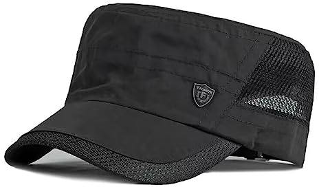 QI YUAN Military Cap Herren Schnell Trocknend Flat Top Army Cap mesh Atmungsaktive Sommer Kappe Draussen Wandern Sportmütze (Schwarz)