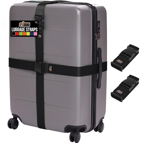 GORILLA GRIP Heavy Duty Adjustable Luggage Straps for Suitcases, Easy to Identify Travel Belt Connector Holds Suitcase Together, Extends Life of Bag, Strap Connects Two Bags, Accessories 2 Pack Black