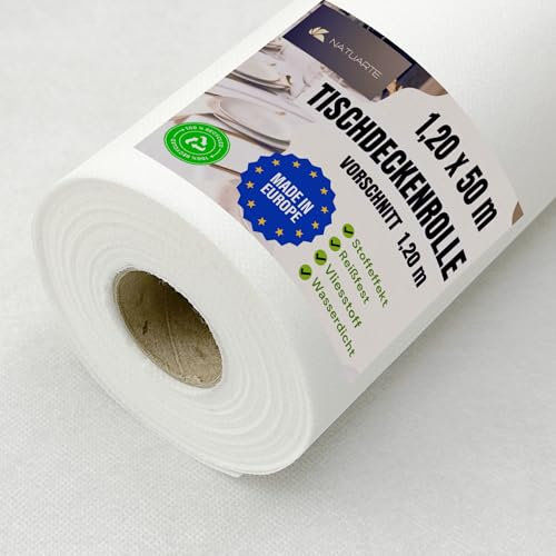 NATUARTE, Tischdeckenrolle, 1.20 m x 50 m, VORSCHNITT alle 1,20m, Stoffähnliches Vlies Tischdecke, Einweg, Feier Geburtstag Party Veranstaltungen, Farbe Weiß 1.20x50m