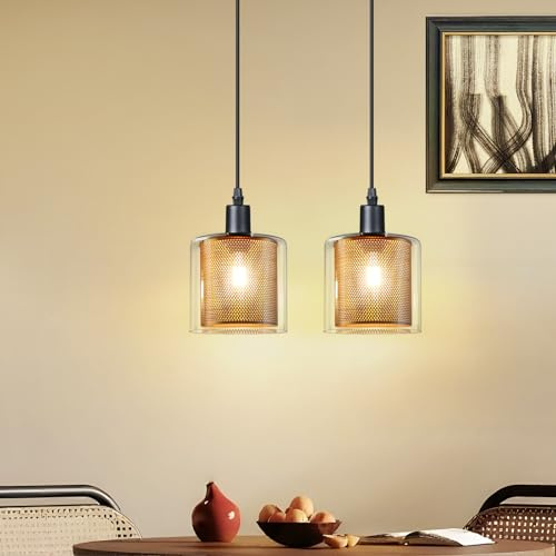 ZMH 2er Pendelleuchte Esstisch Hängelampe Schlafzimmer Hängeleuchte | 1 Flammig Glas Höhenverstellbar Esstischlampe Vintage Gold E14 Pendellampe für Küche Esszimmer (ohne Leuchtmittel)