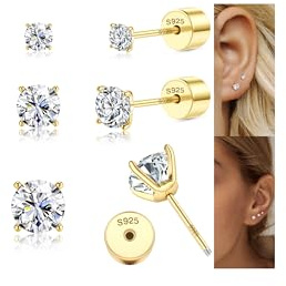 Sllaiss Flat Back Earrings 925 Sterling Silver Gold Studs Earrings for Women 3 Pairs 20G Cartilage Earrings Gold Cubic Zirconia Stud Earrings 14K Gold Plated Tragus CZ Stud Screw Back Earrings