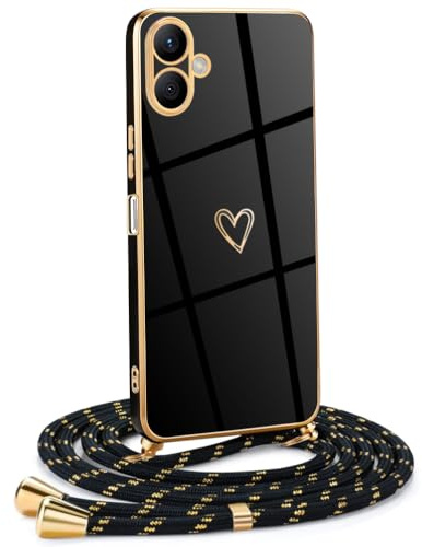 Mkej Frauen Mädchen Handykette Kompatibel mit Samsung Galaxy A06 4G - Silikon Hülle mit Band - Handyhülle für Samsung Galaxy A06 4G Herz Love Design Galvanik - Hülle mit Kordel in schwarzes Gold