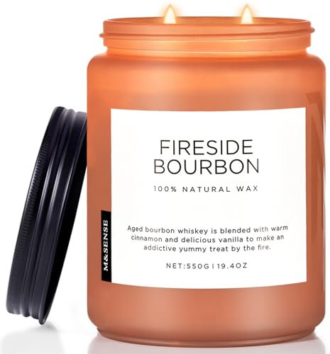 M&SENSE Candele Bourbon accanto al fuoco fortemente profumate. Candela a 2 stoppini in barattolo da 550 g. Durata 110 ore. Candela di soia naturale organica per camera, cucina e decorazione domestica
