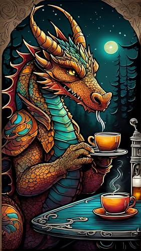 ARTGOTO Diamond Painting Erwachsene 40x70cm Drache mit Teetasse | 5D Diamant Painting Set Eckige Quadratische Steine Groß XXL, DIY Wandbild mit 2 Werkzeugsets für Wohnzimmer Deko