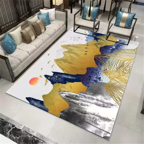 RUGMRZ Teppich Schlafzimmer Klein 180x250CM Outdoor-Teppich Teppich Aesthetic blau Goldgrauer chinesischer Landschaftsmuster-Wohnzimmerteppich