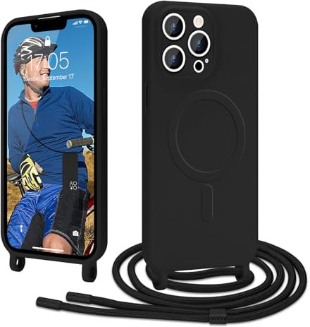 Ethanger Handyband für iPhone 13 Pro Max Hülle mit Band, Schwarz | Kompatibel mit Magsafe, Flüssig Silikon Necklace Handyhülle, Magnetische Schutzhülle zum Umhängen Kordel